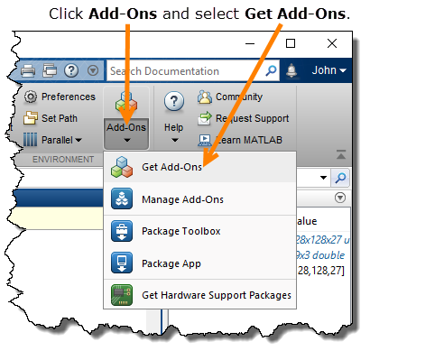 The MATLAB toolstrip showing the Add-Ons drop-down menu, with Get Add-Ons among the menu options.