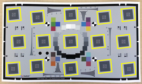 Extended eSFR test chart with 15 tilted gray boxes distributed across the image. Yellow rectangles are overlaid on the image and encompass each detected gray box.