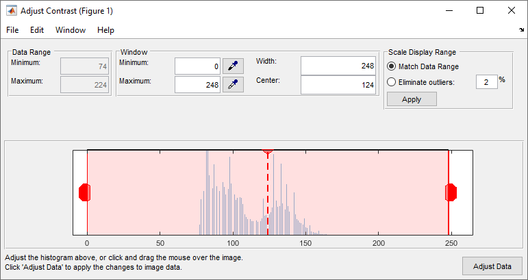 Adjust Contrast tool with sliders and editable fields that enable you to adjust the histogram of pixel values.