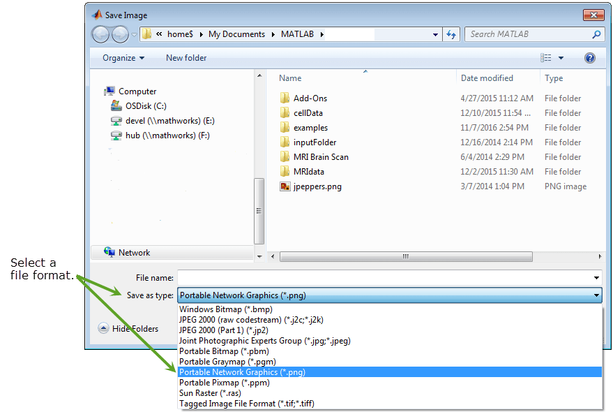 Save as type dropdown menu within the Save Image dialog box. The Portable Network Graphics (*.png) option is selected from a list of common graphics file formats.