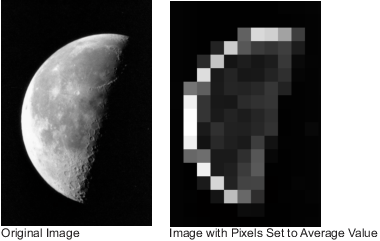 Original image of moon and a processed image in which every pixel in each 32-by-32 block is set to the average of the elements in that block.