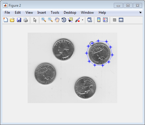 Blue polygon ROI with several vertices that enclose one coin.