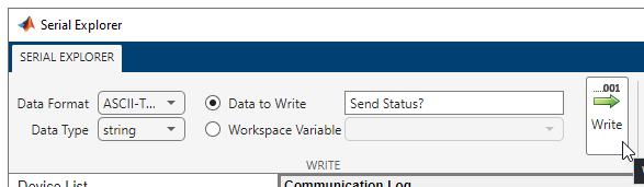 Serial Explorer app Write section for ASCII data.