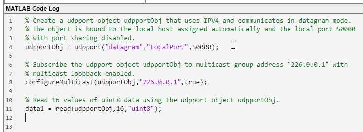 UDP Explorer app MATLAB Code Log pane.