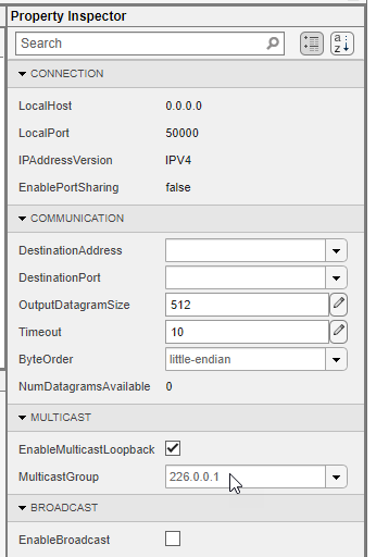 UDP Explorer app showing Property Inspector with specified MulticastGroup.