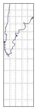 Coastline for southern South America on a map that uses a Mercator cylindrical conformal projection