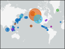Bubbles of varying colors and sizes on a world map