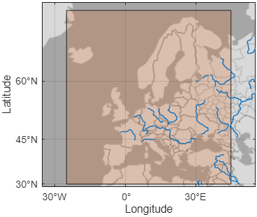 The same lines and polygon. The limits of the geographic axes are reduced to the bounds of the polygon, with some buffer to maintain the aspect ratio of the map.