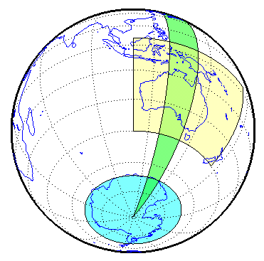 Orthographic view of the Earth. A yellow quadrangle covers Australia, a cyan quadrangle covers Antarctica, and a green quadrangle covers the time zone that is 9 hours ahead of UTC.