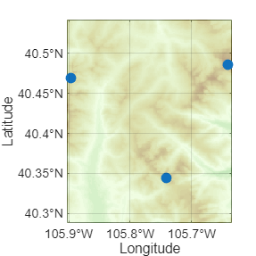 The same pseudocolor raster plot and scatter chart. The limits of the geographic axes are reduced to the bounds of the scatter chart.