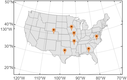 Icons that represent cities and polygons that represent US states in the same map axes. The bounds of the polygons are larger than the bounds of the icons.
