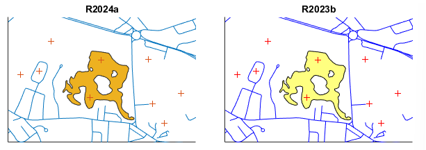 Comparison of points, lines, and polygons in R2024a and R2023b. In R2024a, the points are dark red, the lines are soft blue, and the polygons are dark orange. In R2023b, the points are bright red, the lines are bright blue, and the polygons are light yellow.