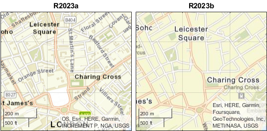 Comparison of basemaps in R2023a and R2023b. The basemap in R2023b shows fewer street names than the basemap in R2023a.