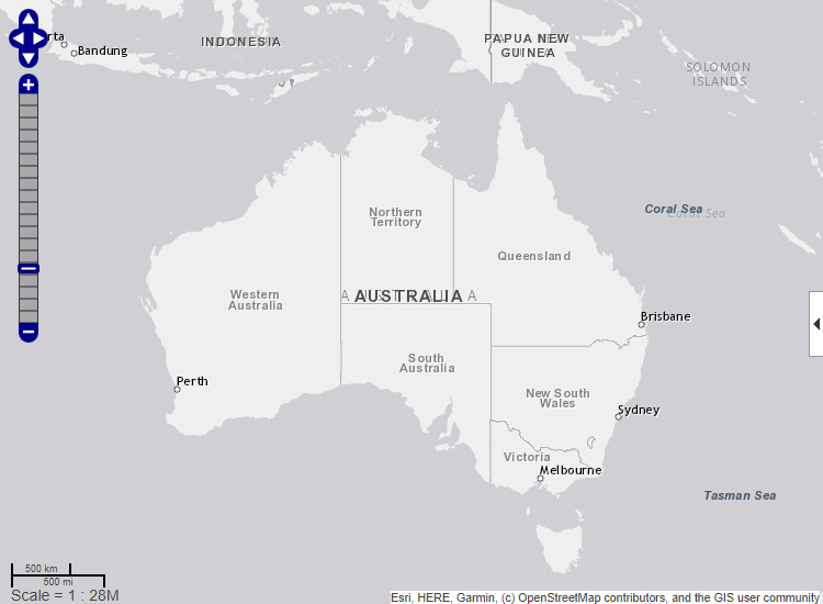 Web map with Light Gray Canvas Map base layer and World Boundaries (Dark Text) overlay layer centered on Australia