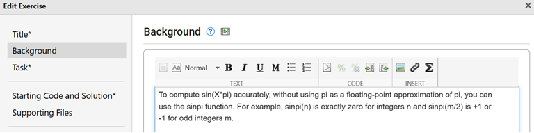 Background pane of the Edit Exercise window. The text in the text box describes the "sinpi" function.