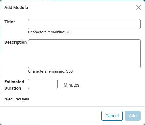 Add Module dialog box with blank title, description, and estimated duration boxes