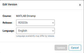 Dialog showing the course name, a selectable release field, and a selectable language field