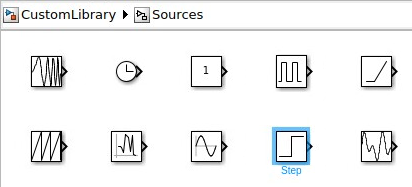 Custom library with a Sources sublibrary that contains a subset of source blocks, such as the Step block