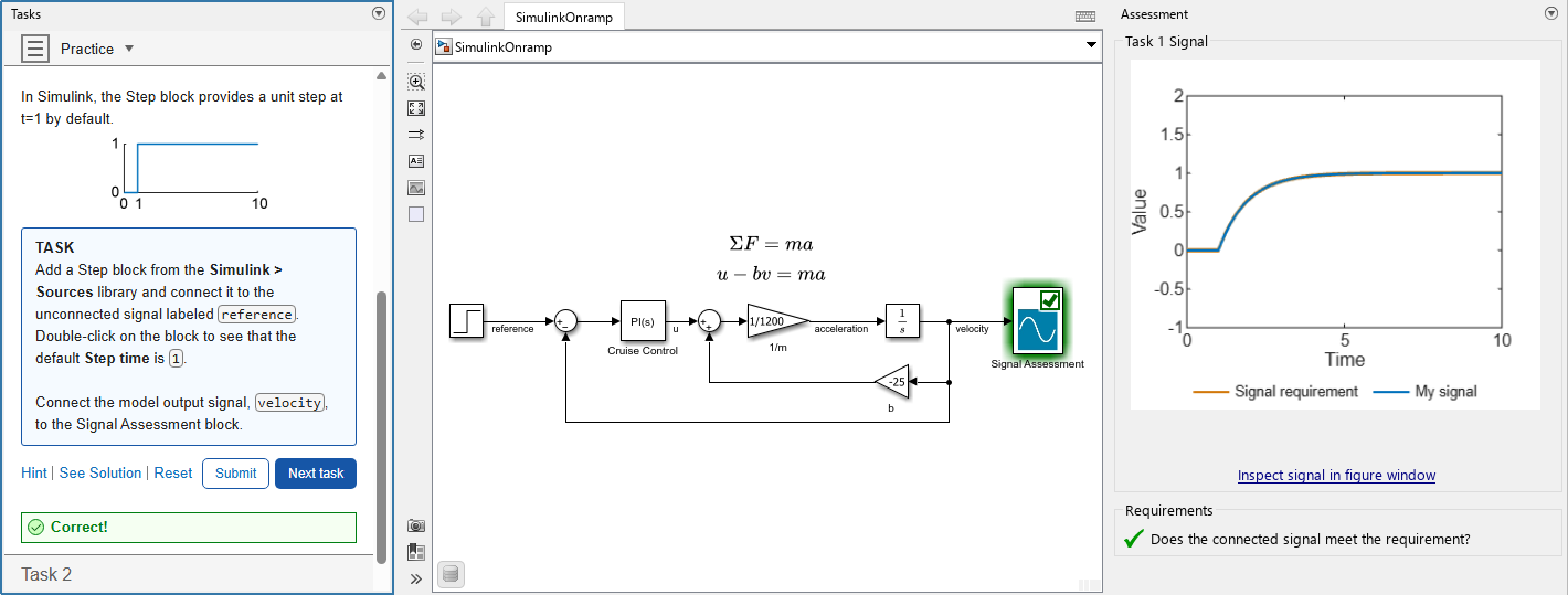 Simulink Onramp exercise with tasks, a block diagram, and an assessment