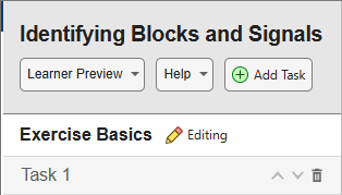 Task pane that contains the exercise title, Learner Preview button, Help button, Add Task button and entries for Exercise Basics and Task 1