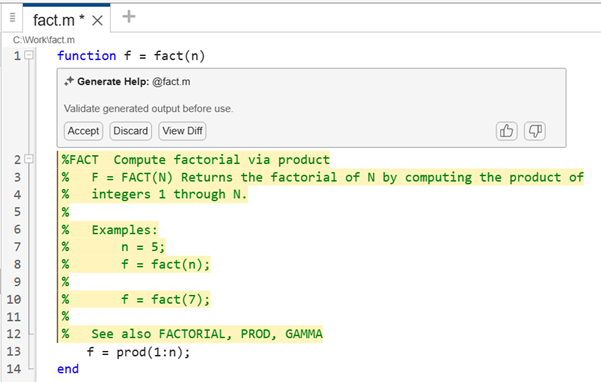 Function file in the Editor, showing a function with generated help text and a box labeled "Generate Help." The box has buttons labeled "Accept," "Discard," and "View Diff," as well as buttons to provide positive or negative feedback.