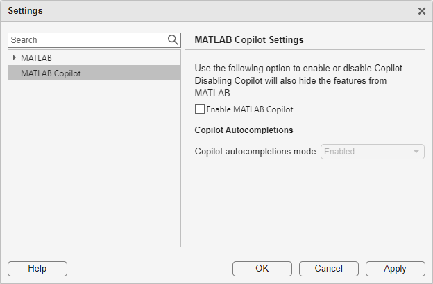 Settings window with the Enable MATLAB Copilot check box cleared