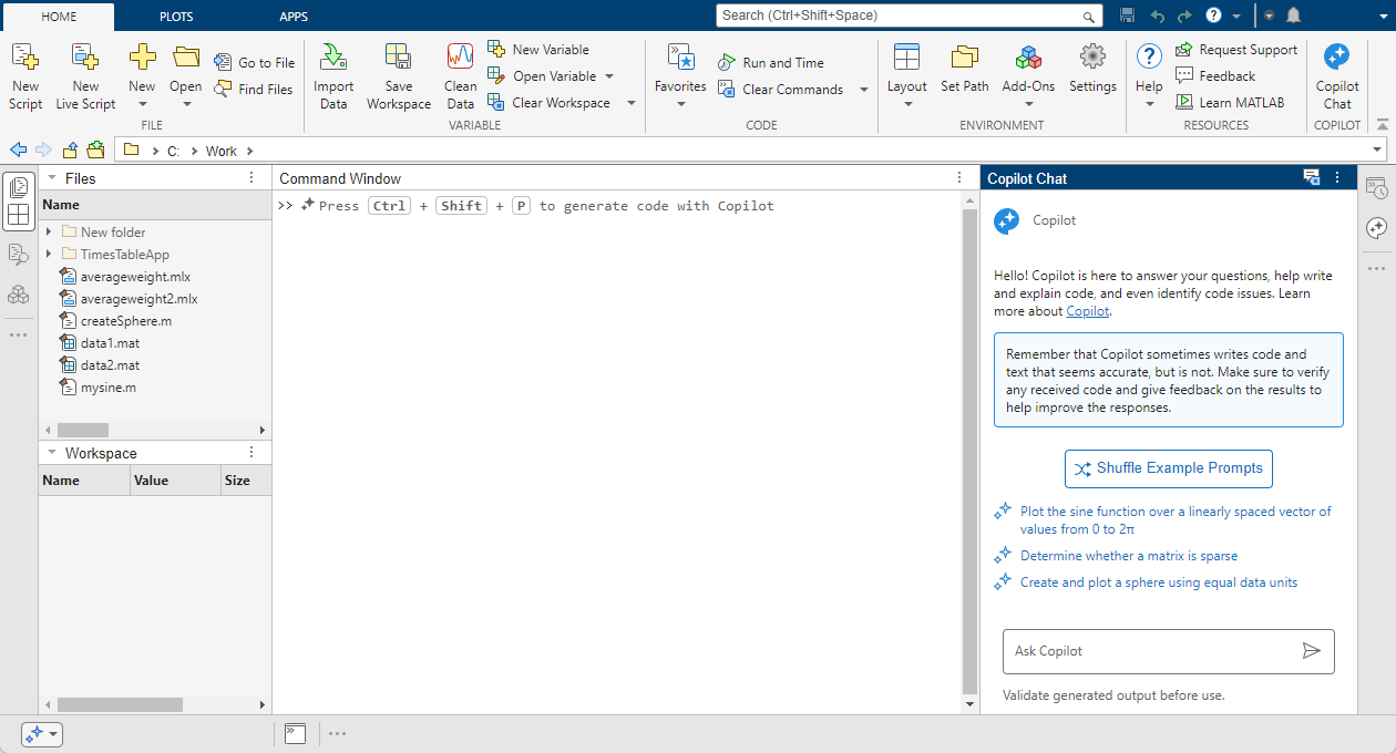MATLAB desktop, showing the Copilot Chat panel on the right