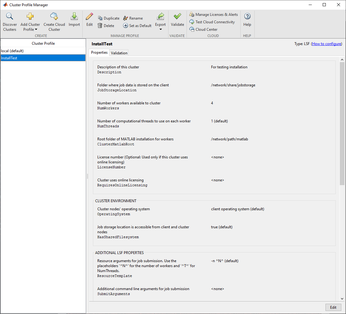 Cluster Profile Manager with the InstallTest cluster profile selected. The cluster properties for the InstallTest cluster are shown in the right pane.