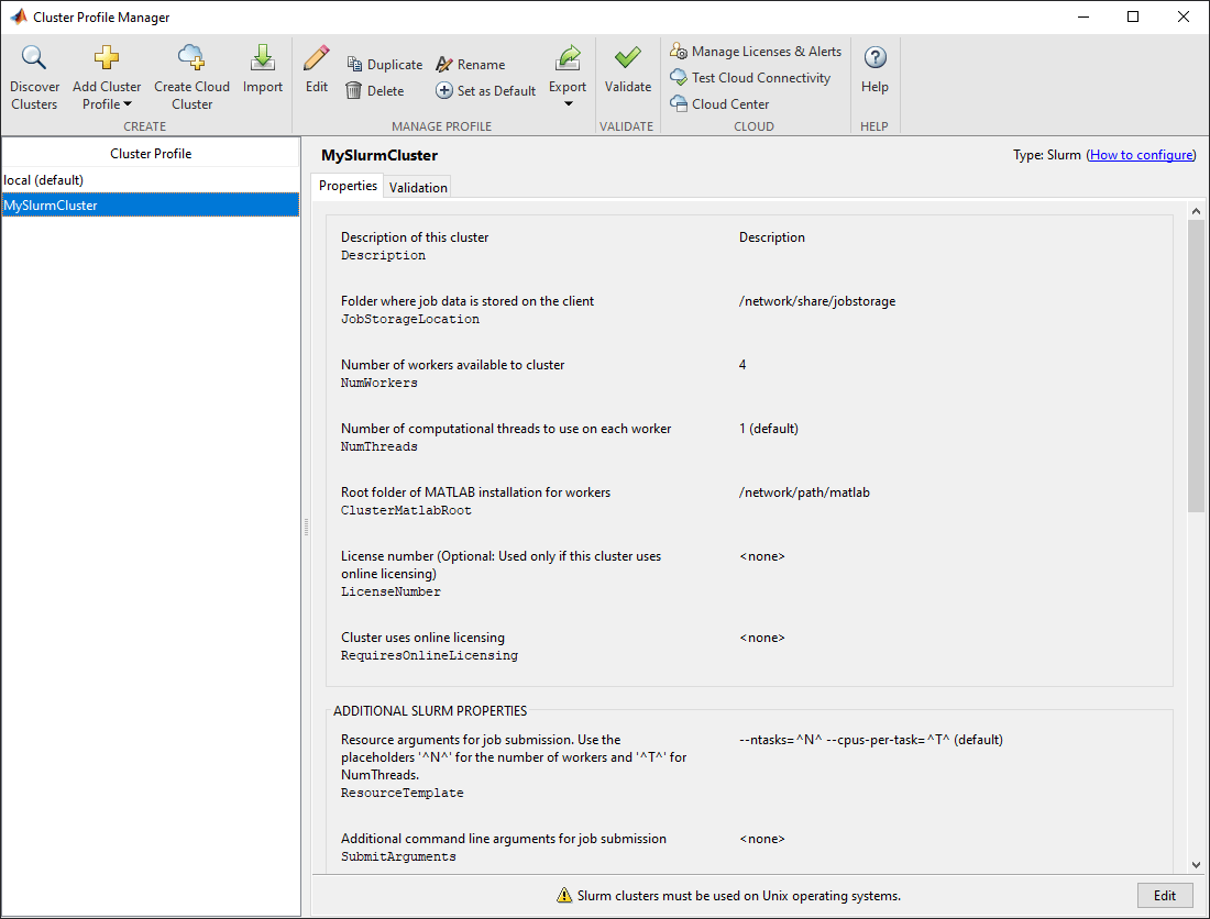 Cluster Profile Manager with the Slurm cluster profile selected. The Slurm cluster properties are shown in the right pane.