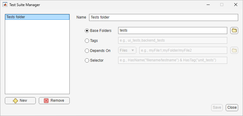 The Test Suite Manager shows a test suite called Tests folder that is created from tests that are in the tests folder.