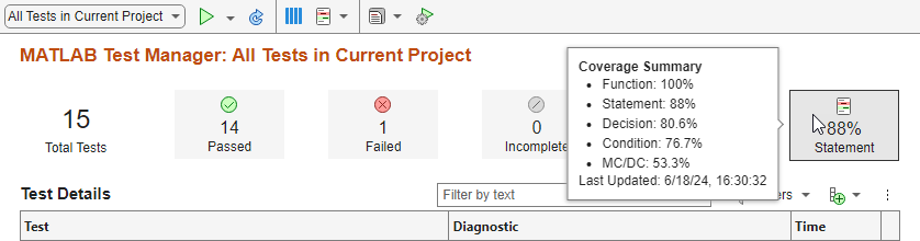 The mouse points to the Statement button and the Coverage Summary is shown in the tooltip.