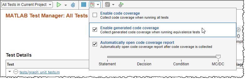 Enable generated code coverage is selected in the MATLAB Test Manager.