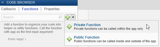 Plus button drop-down list with options "Private Function" and "Public Function"