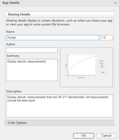 App Details dialog box showing fields for the app name, version, author, summary, and description.