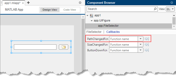File selector component in an App Designer app. The component is selected and the Component Browser shows the PathChangedFcn callback.
