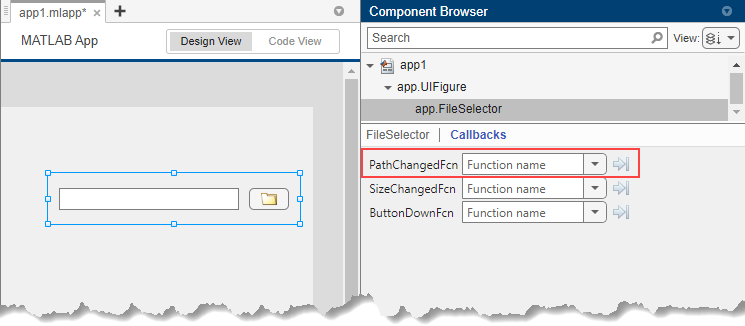 File selector component in an App Designer app. The component is selected and the Component Browser shows the PathChangedFcn callback.