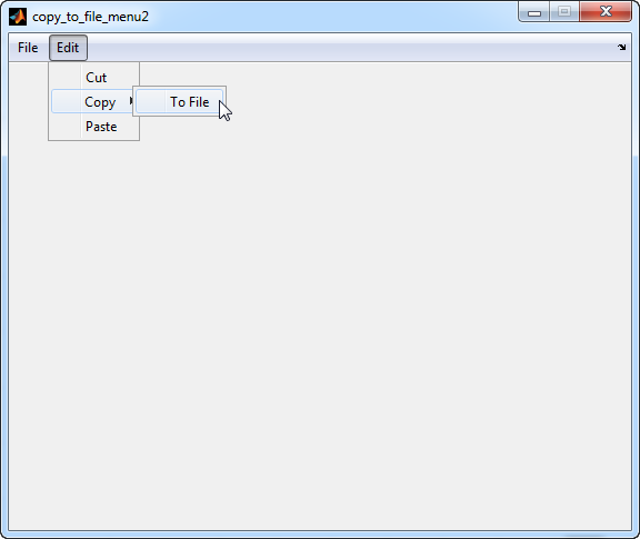 Figure window with a menu bar. The menu has two options, "File" and "Edit". The "Edit" option is selected and contains a submenu with items "Cut", "Copy", and "Paste". The "Copy" option is highlighted and contains another submenu with one item, "To File".