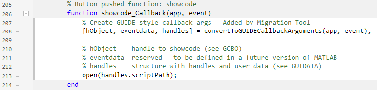 Example of a call to the convertToGUIDECallbackArguments function inside an App Designer callback