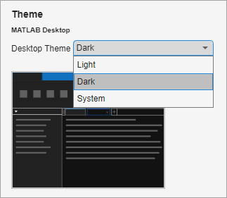 MATLAB Appearance Settings page with the Desktop Theme drop-down list open and dark theme selected. A preview below the drop-down list shows a sample MATLAB desktop with a dark background.