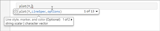 Partially completed call to the plot function with the description of the first of two suggested arguments displayed and a right arrow next to the argument description that can be used to view the second suggested argument description