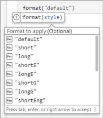 Partially completed call to the format function with a list of suggested values for the style argument
