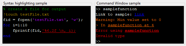 Syntax highlighting and Command Window samples showing a black background and white text