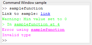 Command Window sample showing error text in magenta and warning text in green