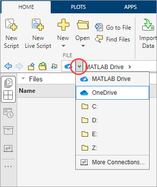 Current Folder toolbar with the drop-down arrow menu expanded to show the available connection names