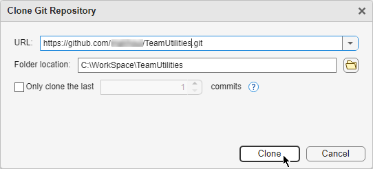 Clone Git Repository dialog box with URL and Folder location fields, one check box for shallow clone, and Clone and Cancel buttons.