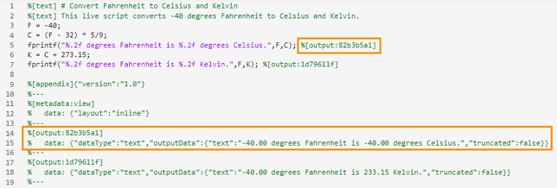 Live script saved using the plain text Live Code file format (.m) open as plain text in the Editor, with matching output reference IDs in the inline markup and the appendix