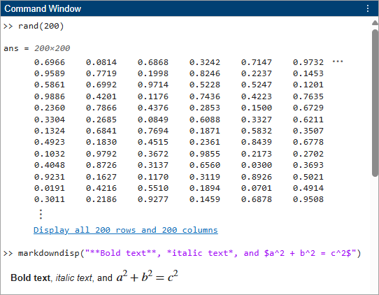 Command Window showing a truncated 200-by-200 numeric matrix with a link to display all rows and columns, and rendered bold text, italic text, and the equation a squared plus b squared equals c squared from the markdowndisp function