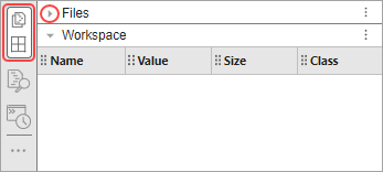 MATLAB Online desktop with the Files panel collapsed and the Workspace panel expanded. The Files panel and Workspace panel icon group and the Files panel Collapse button are circled.