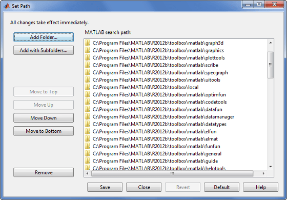 Set Path dialog box with buttons to add, remove, and move folders on the MATLAB search path. On the right is the list of all the folders on the MATLAB search path.