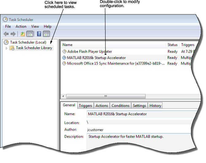 A screenshot of the Task Scheduler showing the task scheduling library on the left and the MATLAB Start up accelerator